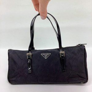 Prada Black Dark Blue Tessuto Nylon Patent Leather Logo Baguette Mini Handbag